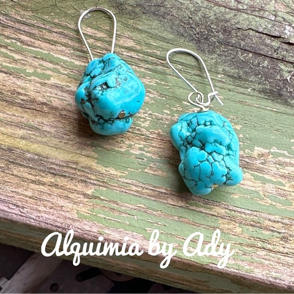 BIG CHUNKY TURQUOISE SILVER DROP EARRINGS - Picture 1 of 1